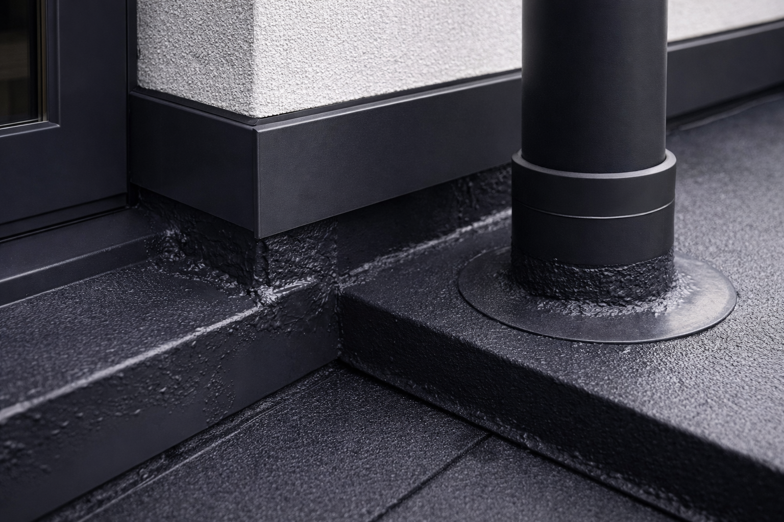 Anschlussdetail mit Flüssigkunststoff und Einfassung Abgedichteter Dachanschluss mit Flüssigkunststoff und Metall-Einfassung an Rohr und Wand