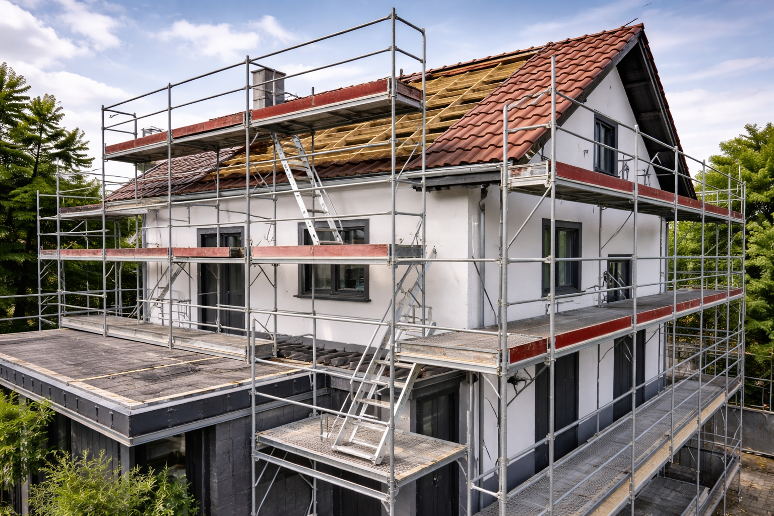 Haus mit Baugerüst und Zugang zum Dachbereich