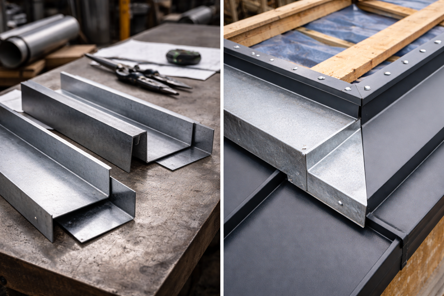 Metallblech-Kantteile in Werkstatt und am Dach montiert
