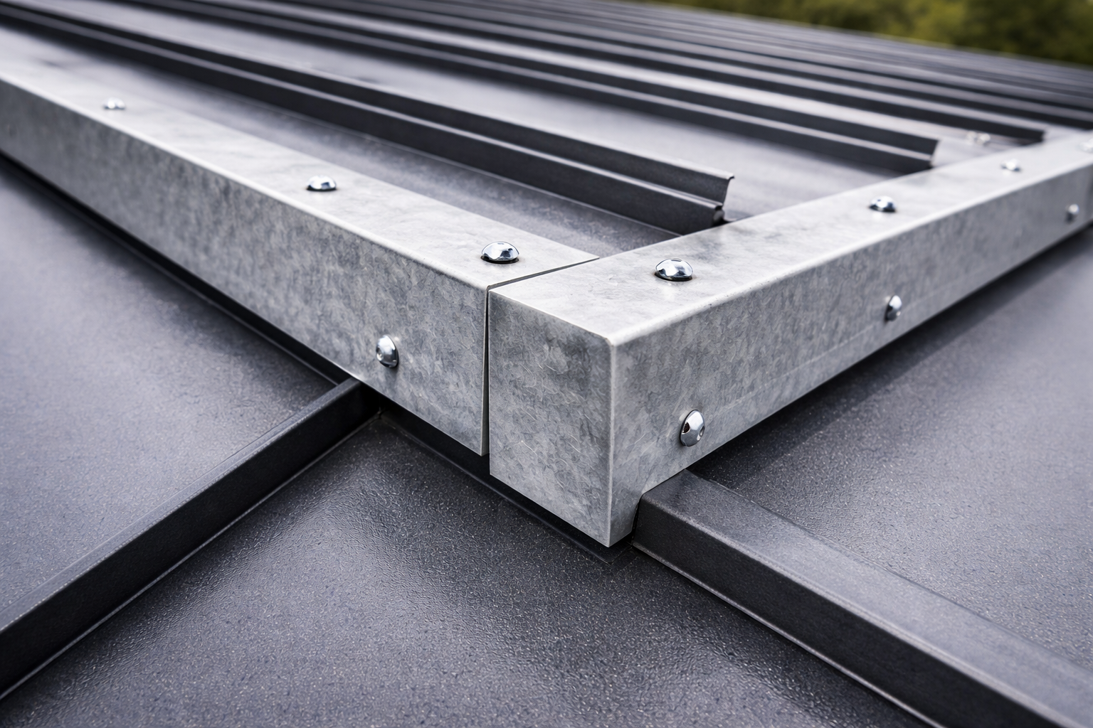 Montierte Metallbleche mit sichtbaren Verschraubungen am Dach