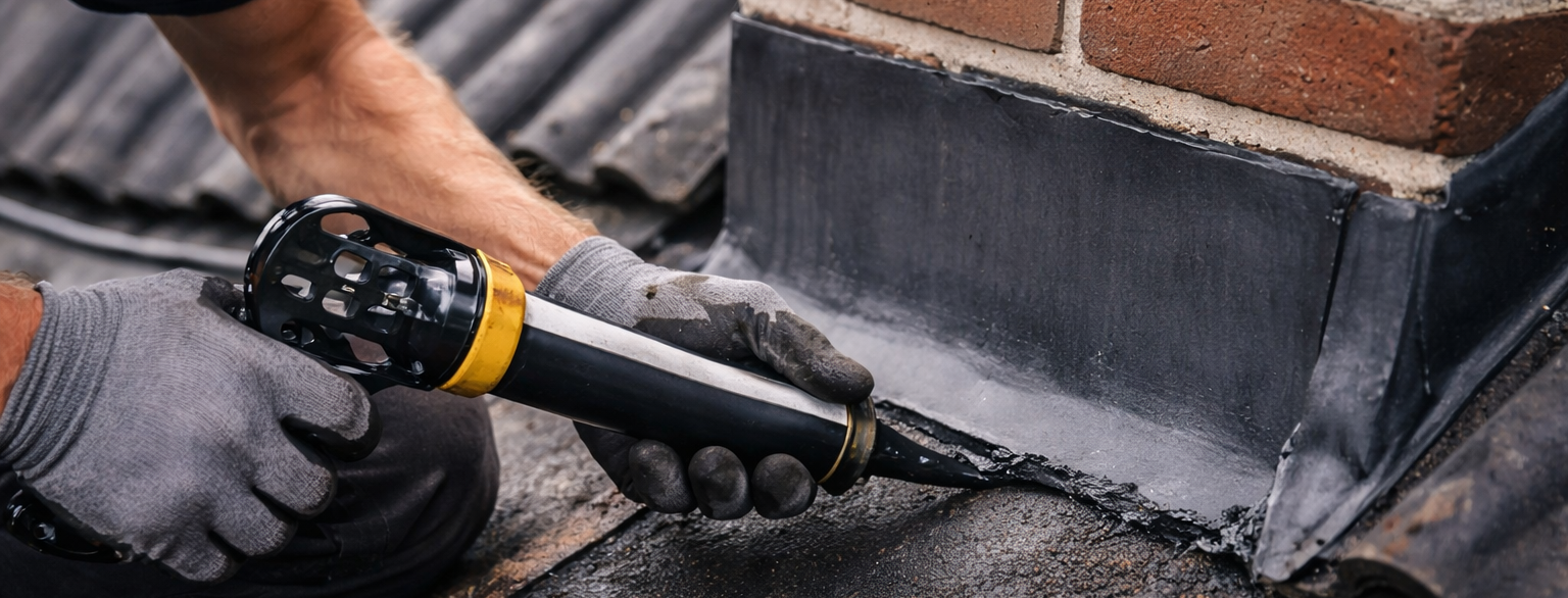 Detailaufnahme einer Dachreparatur am Kaminanschluss mit Dichtmasse