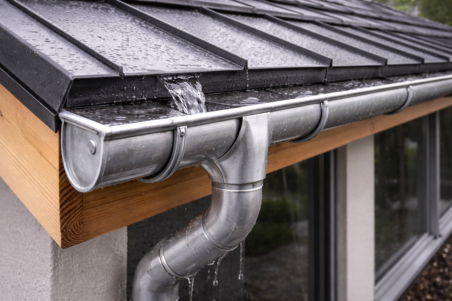 Dachrinne mit gezielter Wasserableitung in Fallrohr bei Regen