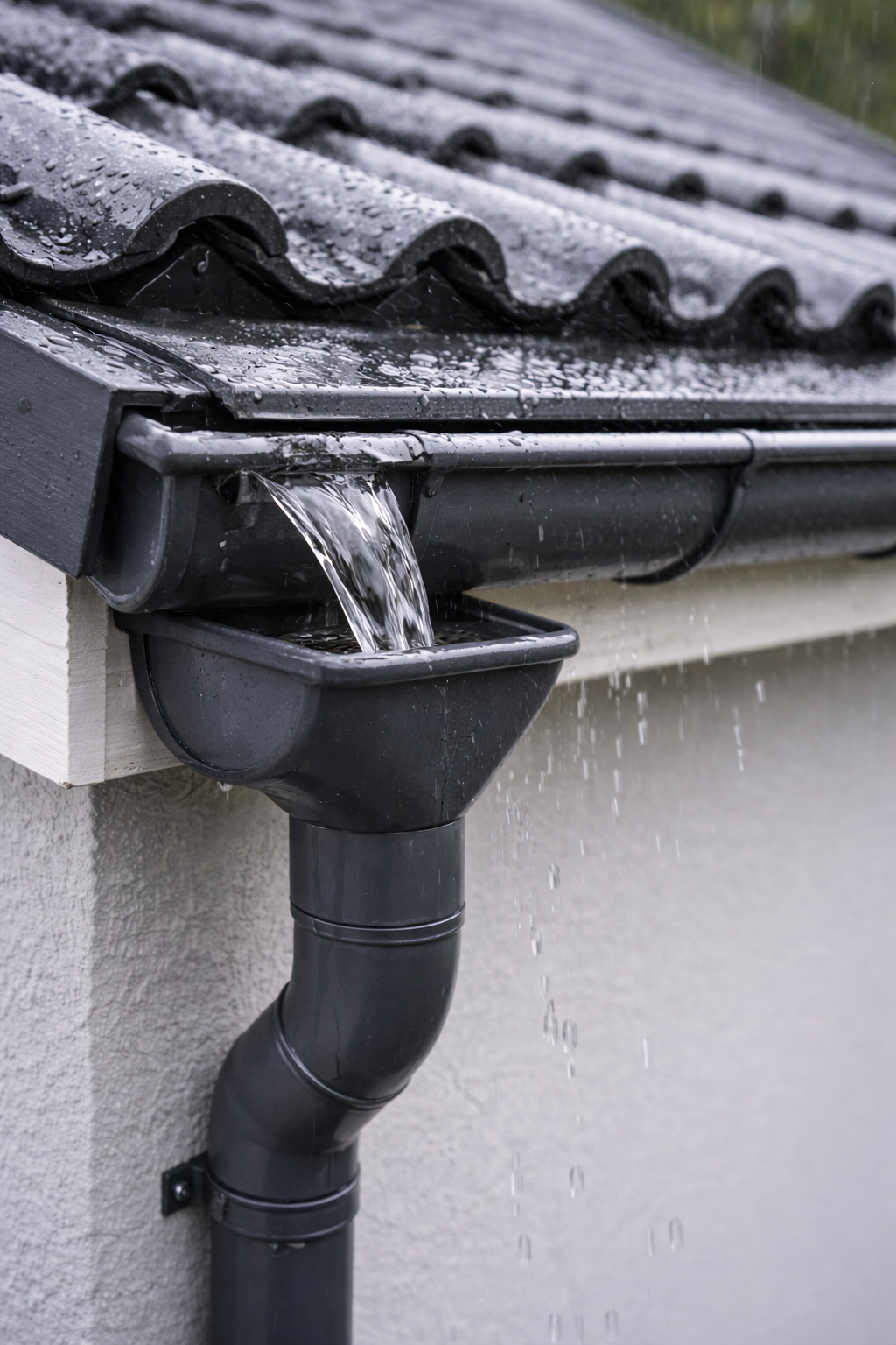 Regenwasser läuft von Dachziegeln in Dachrinne und wird ins Fallrohr geleitet