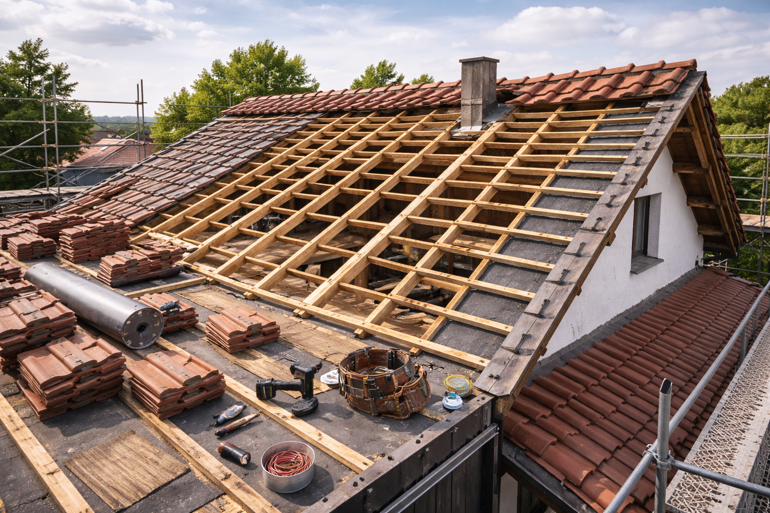 Dach im Rückbau mit freigelegter Holzkonstruktion