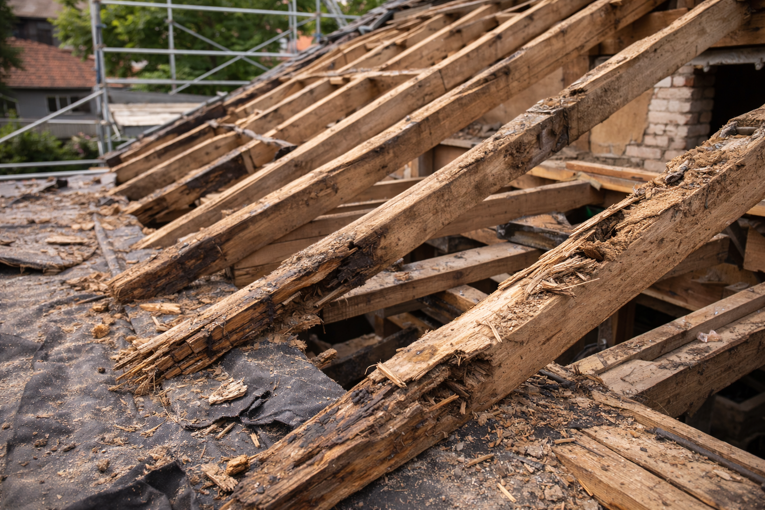 Beschädigte Holzbalken in freigelegter Dachkonstruktion