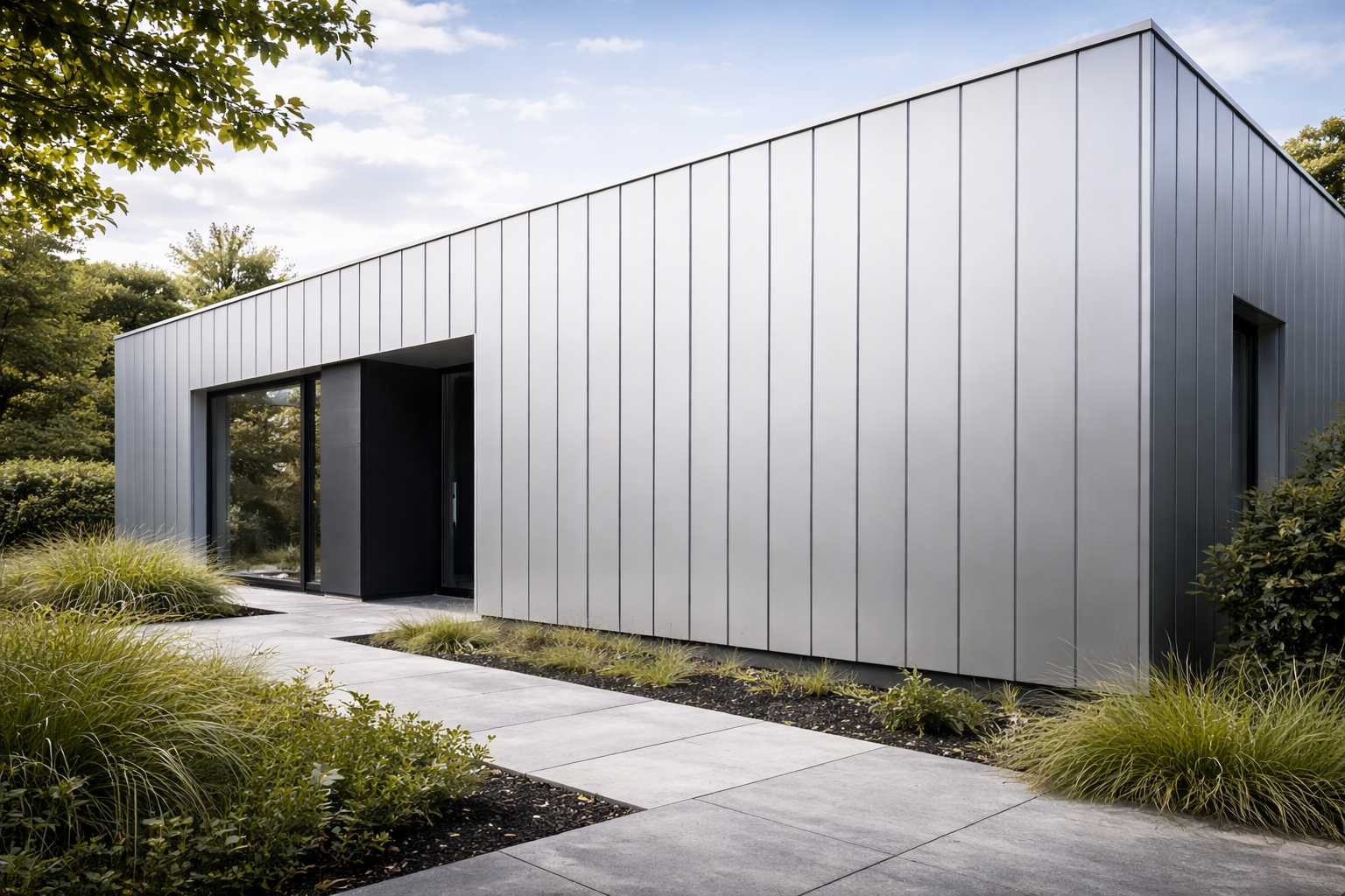 Wohnhaus mit vertikal montierter Aluminiumfassade in heller Ausführung