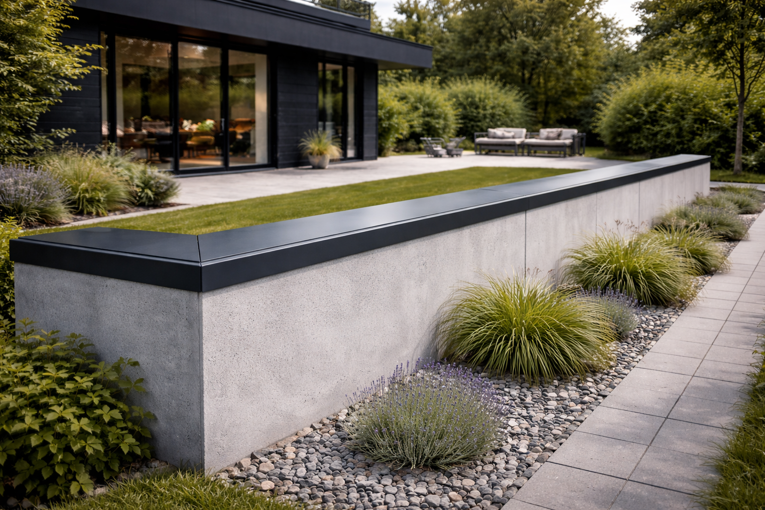 Gartenmauer aus Beton mit dunkler Metallabdeckung in moderner Außenanlage