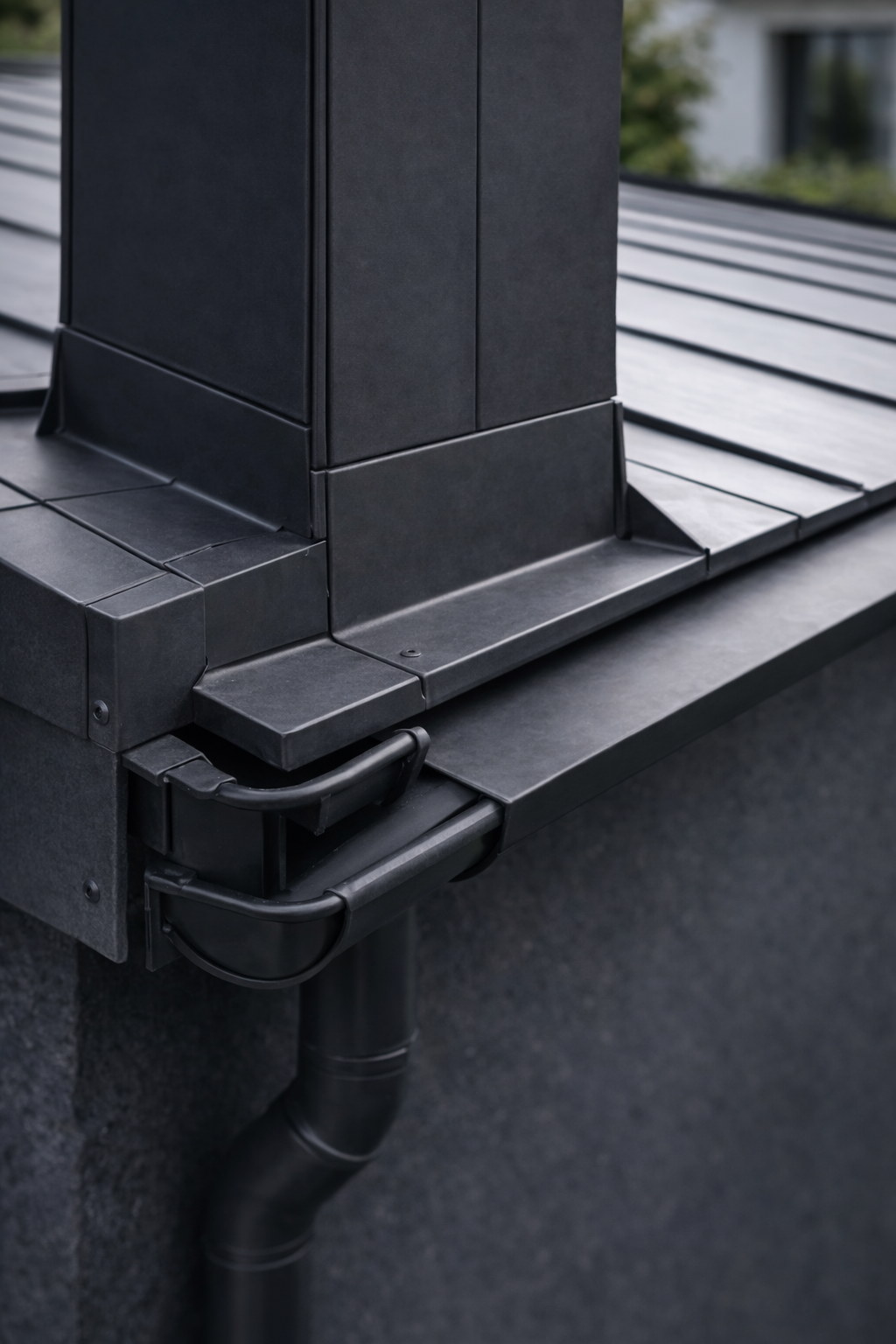 Detailaufnahme Metallanschluss am Kamin auf Dach
