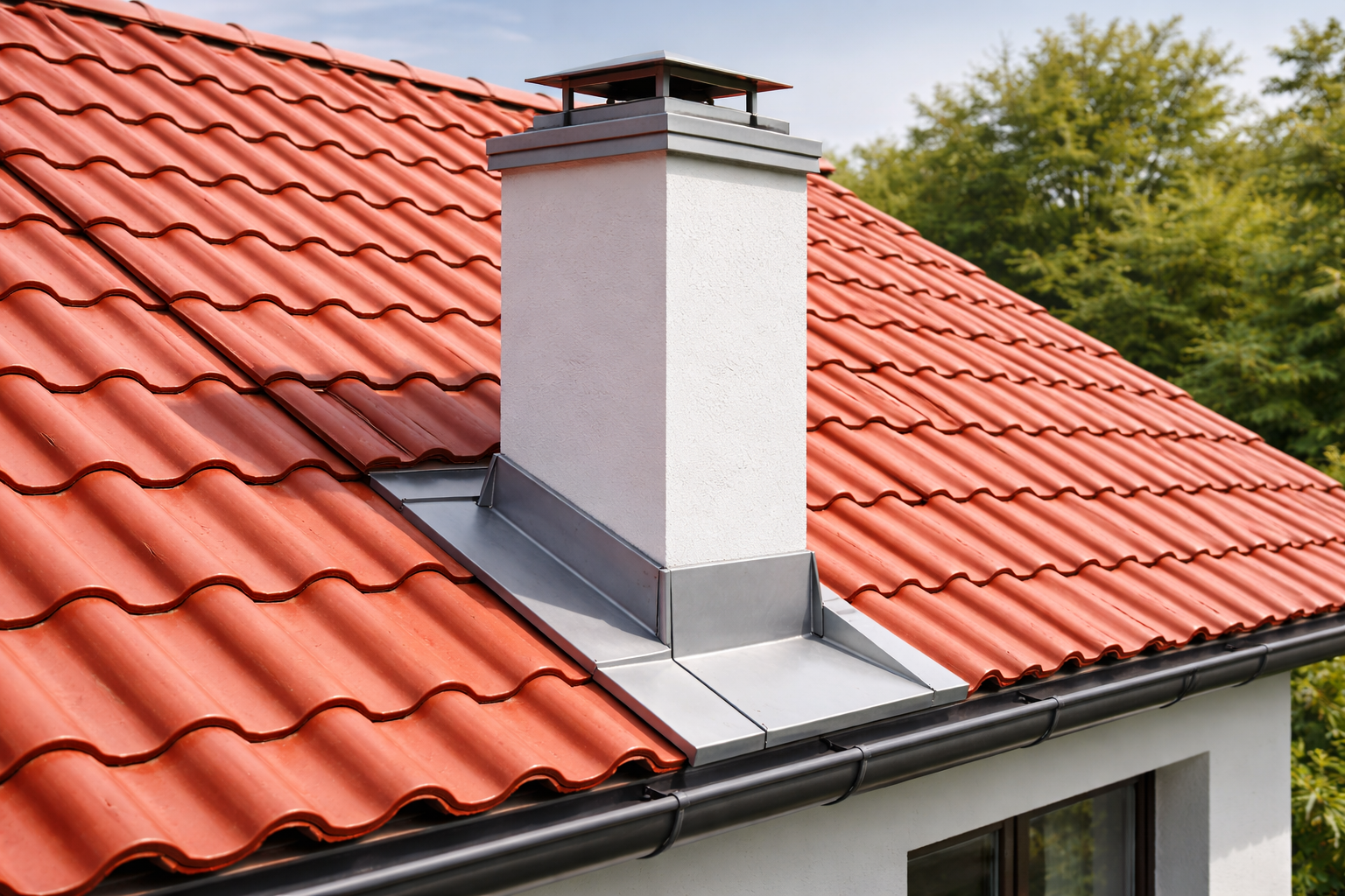 Kamin mit Metallverblechung auf rotem Ziegeldach