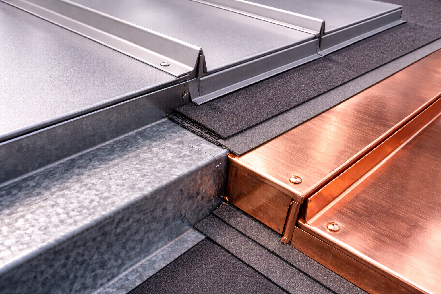 Übergang zwischen Aluminium verzinktem Stahl und Kupfer mit Trennlage am Dach