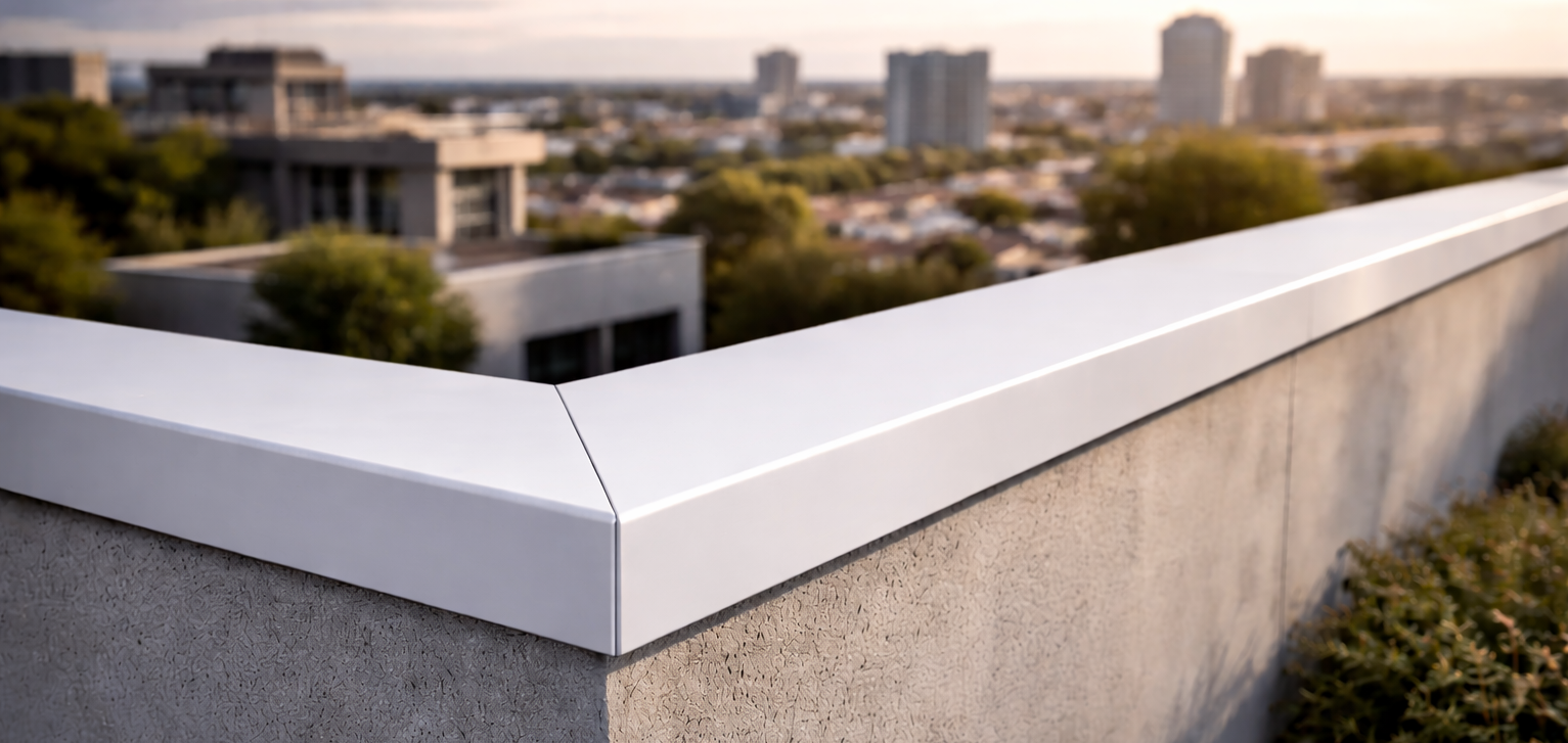 Helle Metallabdeckung auf Betonmauer mit klarer Linienführung
