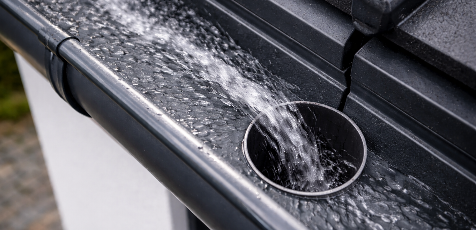 Wasser läuft in Dachrinne gezielt in den Ablauf zum Fallrohr