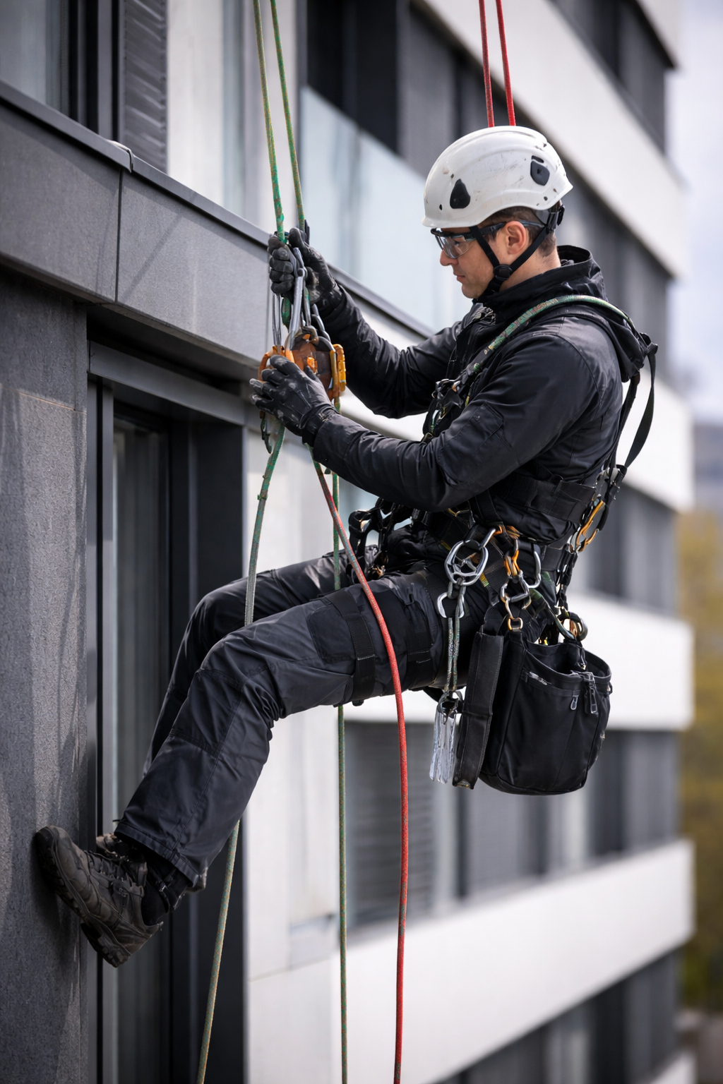 Industriekletterer arbeitet an Fassade mit zwei Seilen und vollständiger PSA