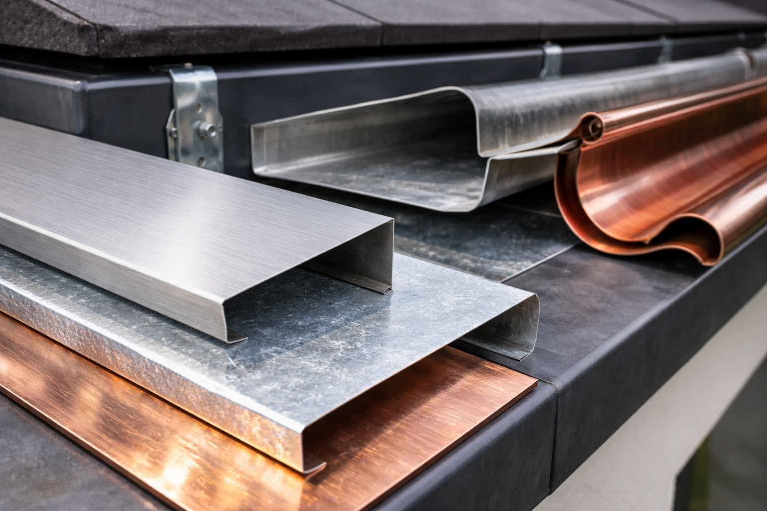 Verschiedene Spengler Materialien wie Aluminium Stahl und Kupfer im Dachbereich