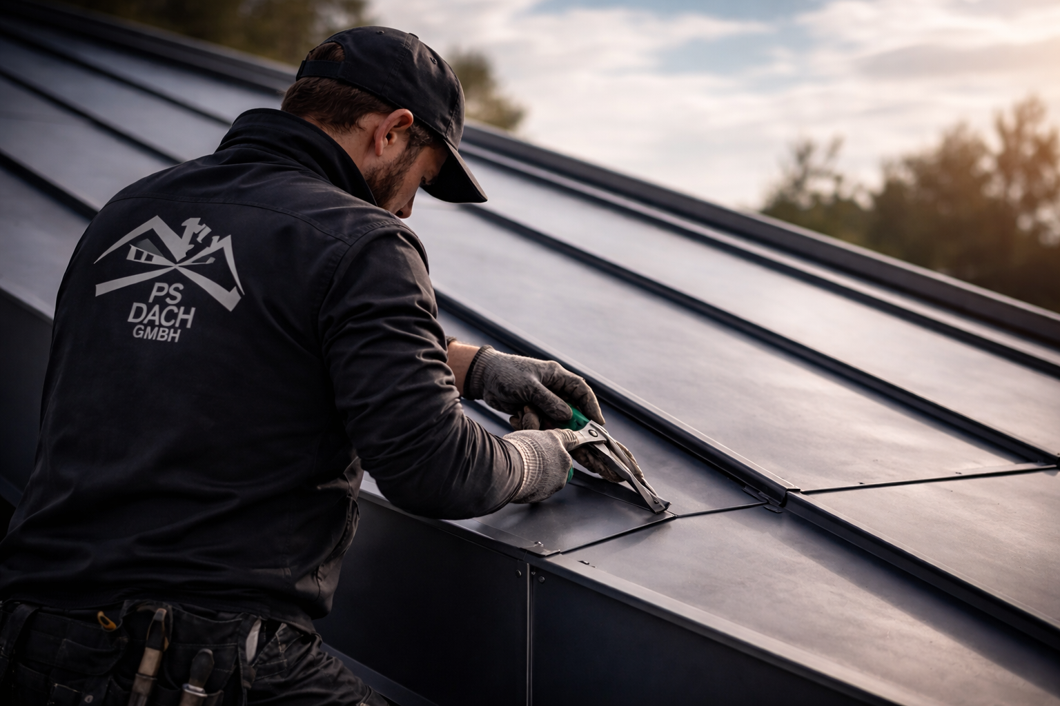 Spengler bei präziser Detailarbeit auf modernem Blechdach