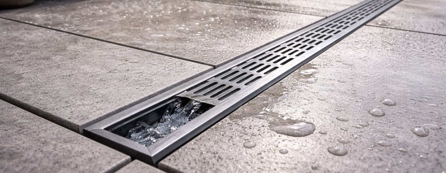 Terrasse mit integrierter Entwässerungsrinne, Wasser läuft in die Rinne ab