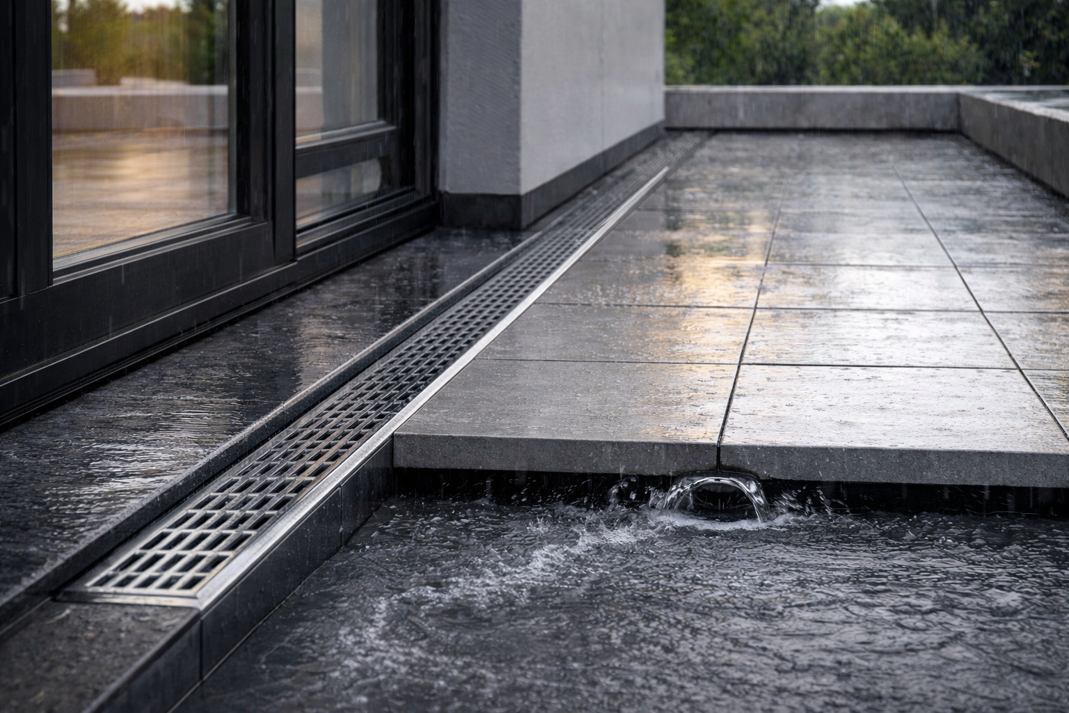 Terrasse mit Linienentwässerung entlang Tür, Wasser läuft sichtbar ab